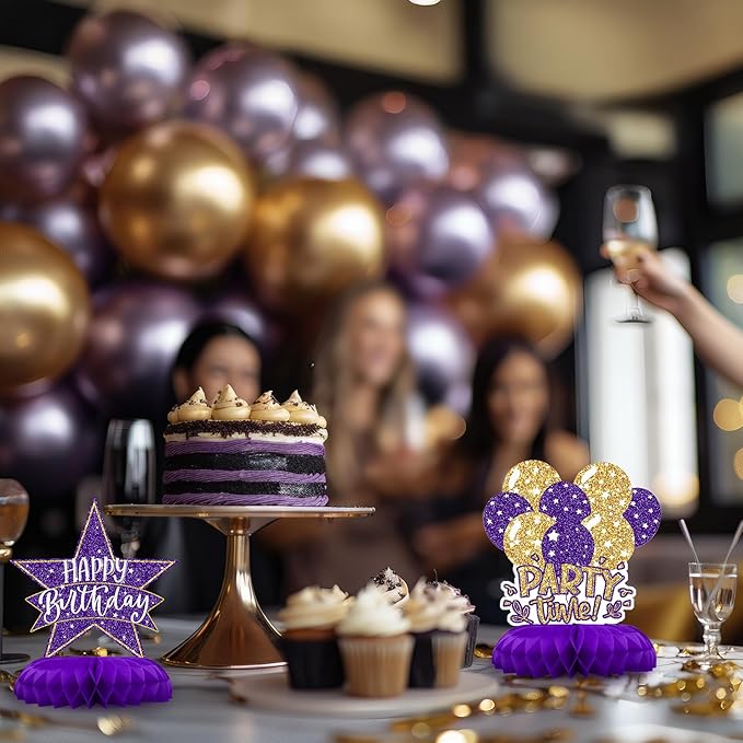 Purple and Gold Birthday Decorations – 12PCS Honeycomb Table Centerpieces for Women Adults – Happy Birthday Table Decor Party Supplies