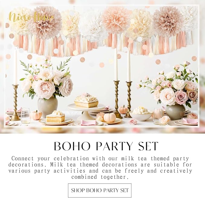 NICROHOME EUR Boho Wedding Decorations, 28PCS Rustic Neutral Creamy White Tissue Paper Pom Poms Tassel, Dots Paper Garland Decor Packages for Baby Shower Birthday Bridal Shower Party Table