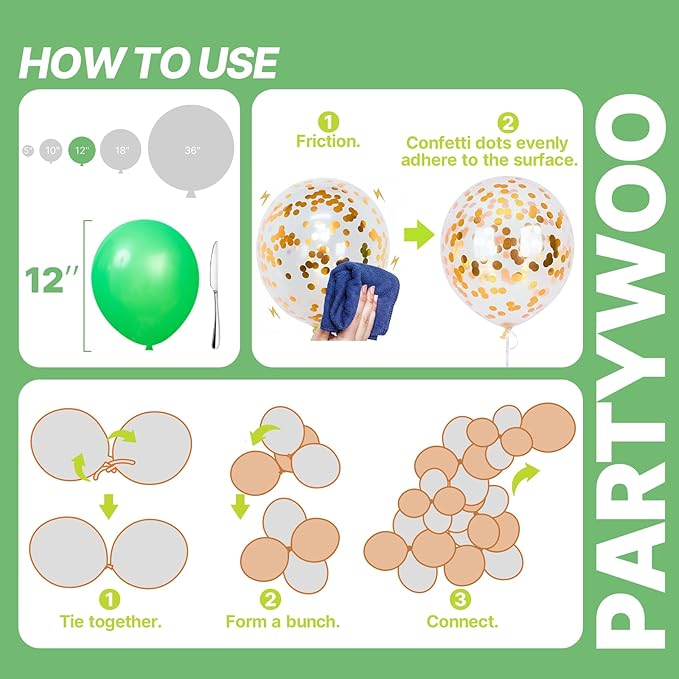 PartyWoo Green Balloons 66pcs 12 Inch Light Lime Dark Emerald Hunter Forest Metallic Green Gold Confetti Balloons for Baby Shower Wedding Engagement Jungle Woodland Birthday Party Decorations