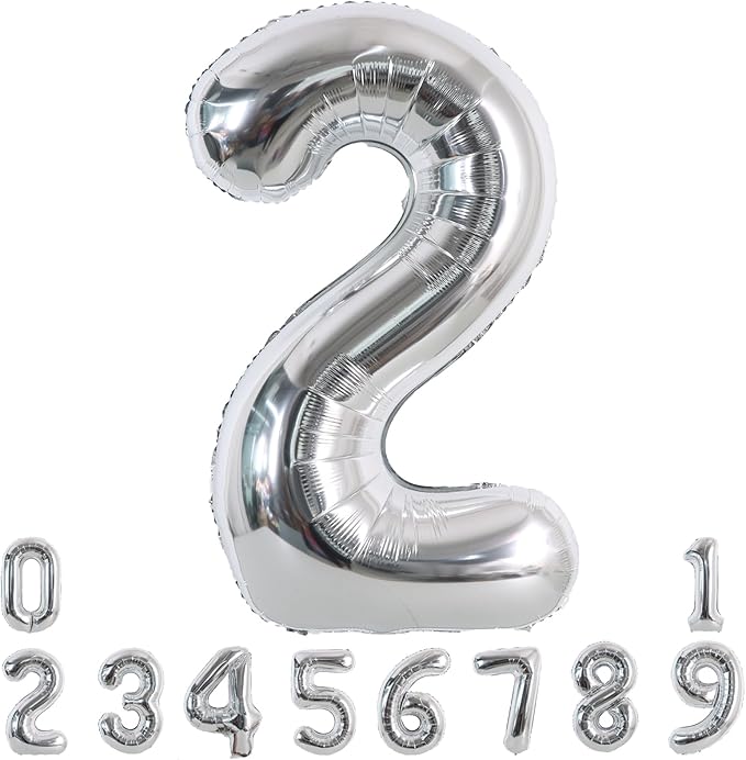 TONIFUL 40 Inch Silver Large Numbers Balloons 0-9, Number 2 Digital 2 Helium Foil Mylar Big Number Balloons for 2026 Graduation New Year Eve Birthday Party Anniversary Supplies Decorations