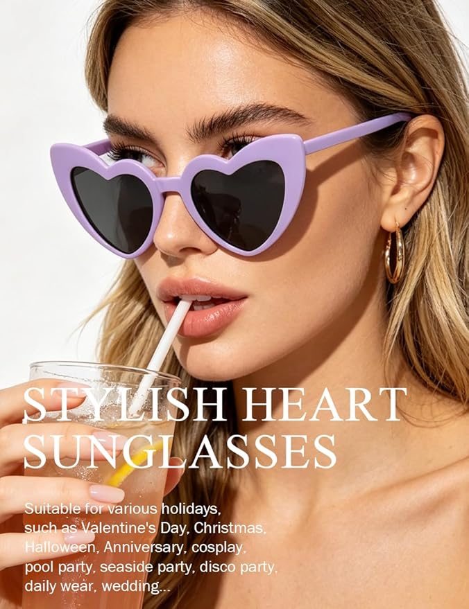 8 Pack Heart Sunglasses Vintage Cat Eye Heart Glasses Retro Bachelorette Bride Sunglasses Bulk for Women