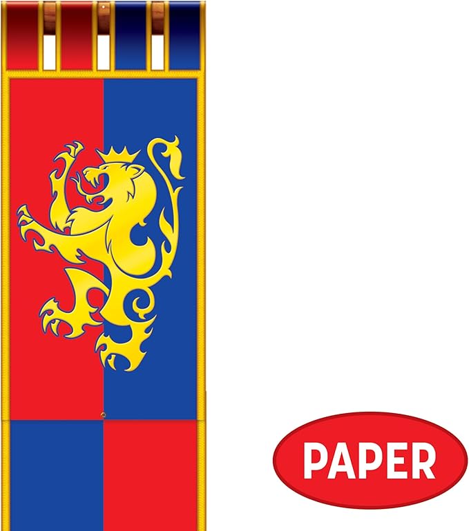 Beistle Jointed Medieval Pull-Down Cutouts – 2 Count Double Sided Castle Banner Decorations with Golden Lion for Renaissance Fairs Knight Parties Jousting Tournaments and Medieval Banquets, 6 Foot