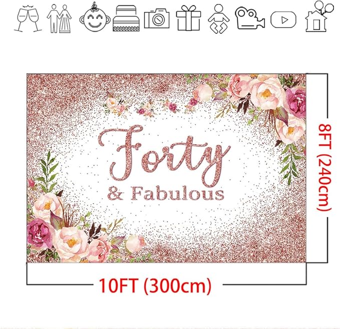 Mocsicka Forty and Fabulous Backdrop Rose Gold Floral 40th Birthday Party Photo Backdrops Happy Forty 40th Birthday Party Decorations Photography Background (10x8ft, 40th)