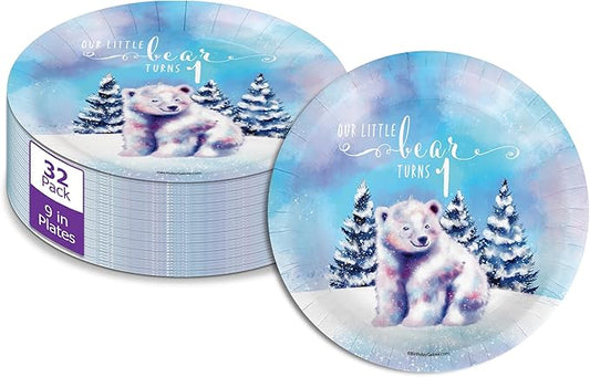 Our Little Polar Bear Turns One First Birthday - 32 Piece Disposable Party Supplies - Decorations for Winter 1st Birthday Round Party Plates - Large 9" Paper Plates In Bulk