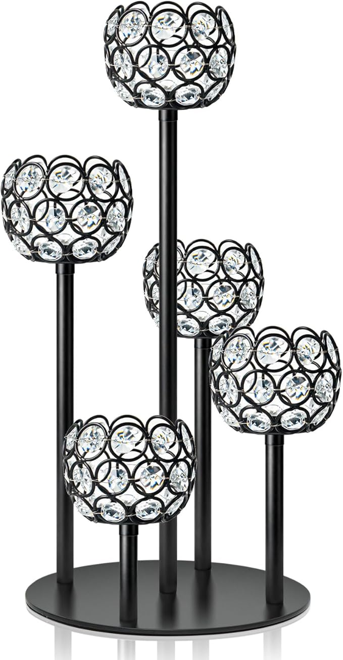 5-Arm Crystal Tealight Candelabra Centerpiece, 14.8 Inch Metal Candle Holder for Table Decor, Wedding, Christmas, Party, Anniversary & Home Decoration (1, Black, S-14.8 in)