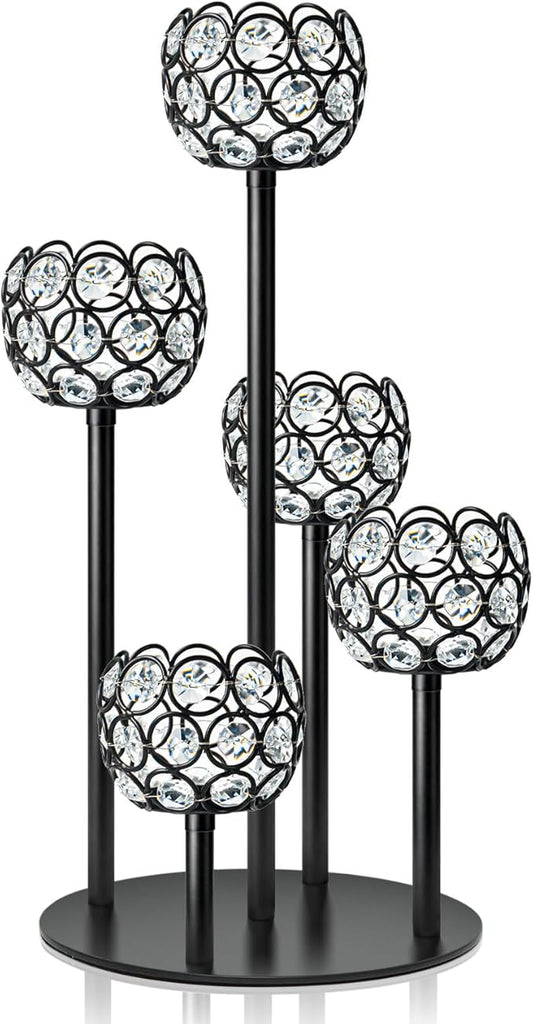 5-Arm Crystal Tealight Candelabra Centerpiece, 14.8 Inch Metal Candle Holder for Table Decor, Wedding, Christmas, Party, Anniversary & Home Decoration (1, Black, S-14.8 in)