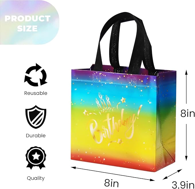 huichuan 12 Pack Rainbow Birthday Bags for Girls, 8x3.9x8 Inches Colorful Small Happy Birthday Bag with Bases for Kids, Girls, Boys Party Favors & Gift Packaging