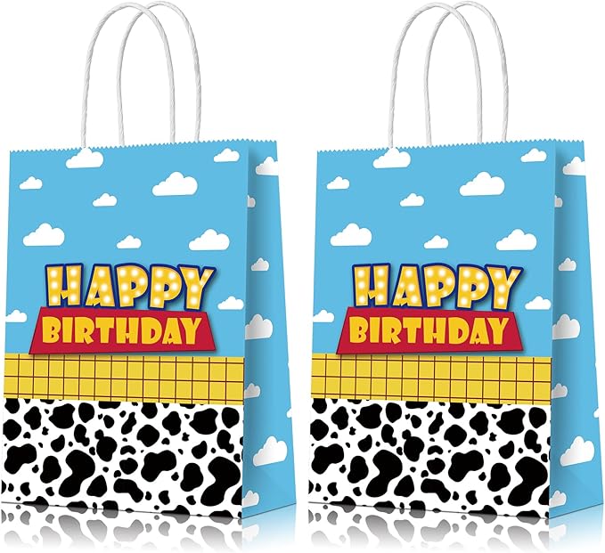 16 Pcs Cartoon Story Party Favor Bags, Cow Pattern Goodie Treat Bags, Blue Sky White Cloud Kraft Paper Candy Gift Bags With Handle for Kids Birthday Party Decorations