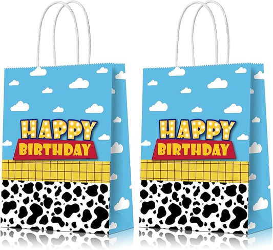 16 Pcs Cartoon Story Party Favor Bags, Cow Pattern Goodie Treat Bags, Blue Sky White Cloud Kraft Paper Candy Gift Bags With Handle for Kids Birthday Party Decorations