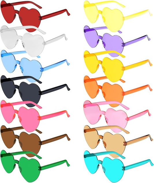 14 Pack Heart Shaped Sunglasses for Women Rimless Heart Glasses Bulk Mardi Gras Candy Color Sunglasses for Party