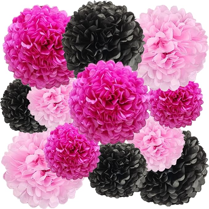 Pink and Black Paper Pom Poms (12 Pack) - Hanging Tissue Flowers for Birthday Party Ceiling Decorations