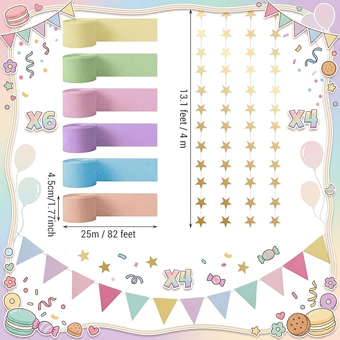 Frienda 14 Pcs Pastel Party Decorations Set 492 ft Colorful Crepe Paper Streamers, 52.8ft Gold Star Garlands Backdrop and 4 Pennant Banner Flags for Wedding Birthday Fancy Party Hanging Decorations