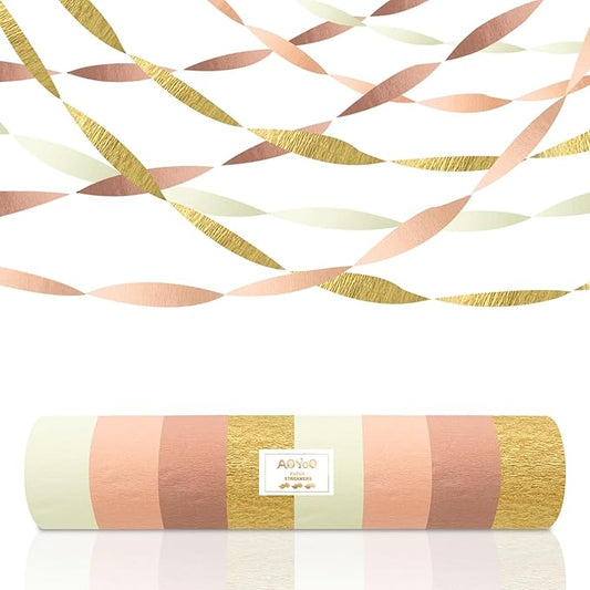 AOYOO Rose Gold Pink Streamers - 6 Rolls Metallic Gold & Blush Crepe Paper Streamer Decorations for Birthday, Wedding, Bridal Shower, Baby Shower, Bachelorette - Elegant Boho Hanging Backdrop Decor