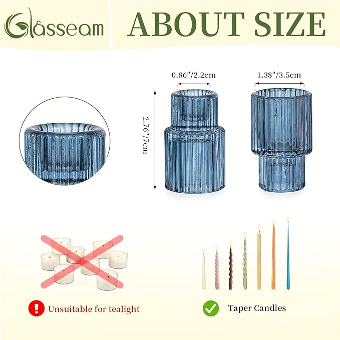 Glasseam Candle Sticks Holder Decor: Set of 20 Blue Ribbed Glass Candle Holder Modern Fluted Taper Candle Holders Bulk for Table Centerpiece Wedding Decorations Dinner Party Home Decor