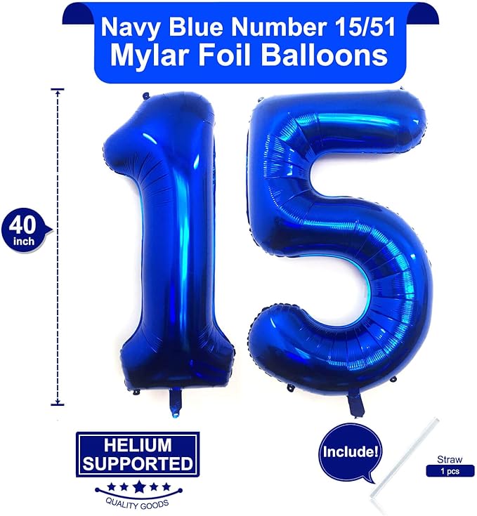 40 Inch Navy Blue 15 Number Balloons Giant Jumbo Huge 15 or 51 Foil Mylar Helium Number Digital Balloons Dark Blue Birthday Mylar Digital Balloons 15th Birthday Anniversary Events Party Decorations