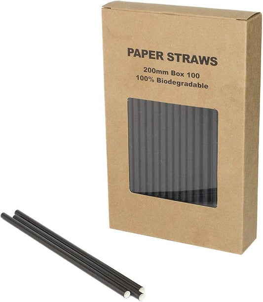 Plain Black Paper Straws Bulk, Pure Solid All Black Paper Drinking Straws for Wedding Birthday Party Holiday Halloween Graduation New Year, Mason Jar Straw, Cake Pop Sticks (Black, 100)
