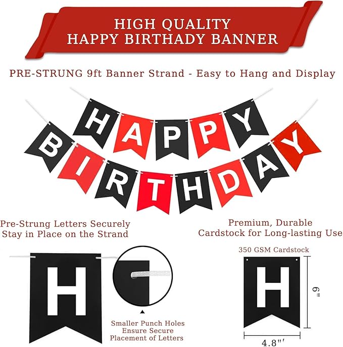 Red Birthday Decorations, Happy Birthday Banner with Honeycomb Balls, Circle Dot Garland and Hanging Swirl Decorations for Women Men Boys Girls （Red Black）