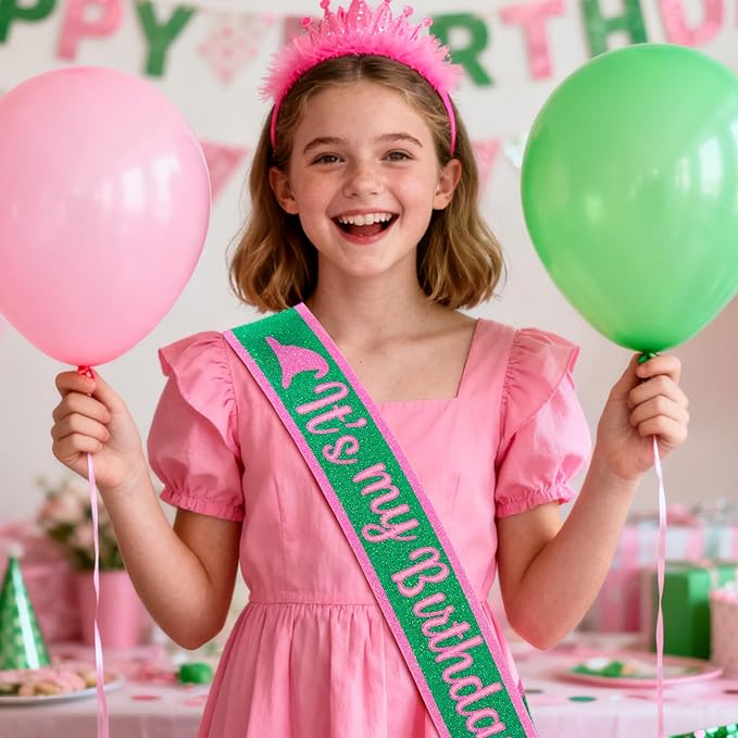 Pink Green Birthday Sash for Women, Hapdoo Witch Themed “It's my Birthday ” Sash with Glitter Foil for Girl, Happy Funny Decorations Accessories for Women Party Favors Supplies