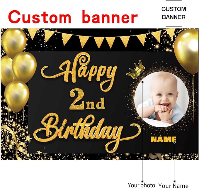 Custom Happy 2nd Birthday Decorations Banner -2 Years Old Backdrop forwomenmen Boys Girls - Personalization Party Supplies Black and Gold, 4x6ft/5x7.5ft/6x9ft/7x10.5ft/8x12ft