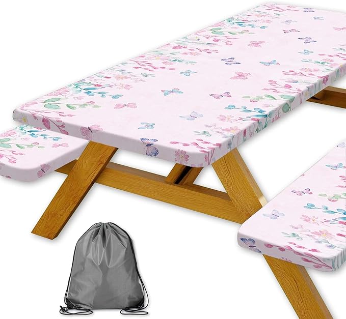 Butterfly Picnic Table Cover with Bench Covers, Camping Essentials, Flower Leaf Plant Waterproof Windproof Table Cover, Fitted Tablecloth Cover with Elastic Edge, for Indoor & Outdoor 3 PCS 30x72 Inch