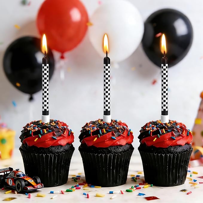 12 Pcs Racing Cars Themed Birthday Candles, Black and White Checkered Birthday Cake Candles, Racing Candle Wheel Tire for Racing Car Party Decoration Theme Party Supplies (General)
