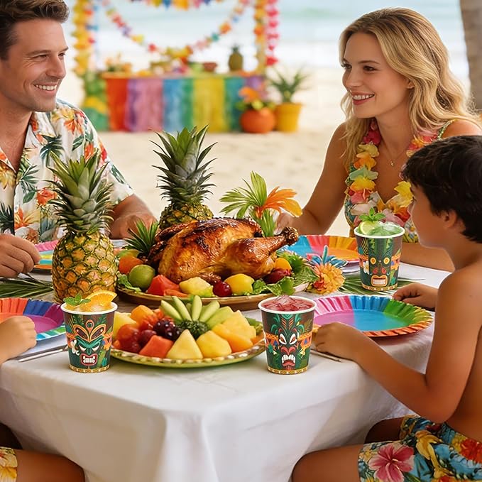 100 Pcs Tiki Cups 9 oz Disposable Tiki Bar Cups Bulk Vintage Paper Hawaiian Luau Party Decorations for Kids Adults Beach Summer Swimming Pool Tropical Aloha Drinking Supplies