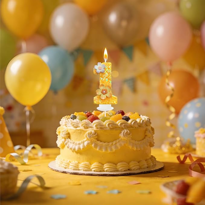 Yellow Birthday Candle, Flower Number Birthday Candles for Cake, Ideal Birthday Parties Cake Decor, Wedding Anniversary and Other Celebrations (1 Candle, Yellow)