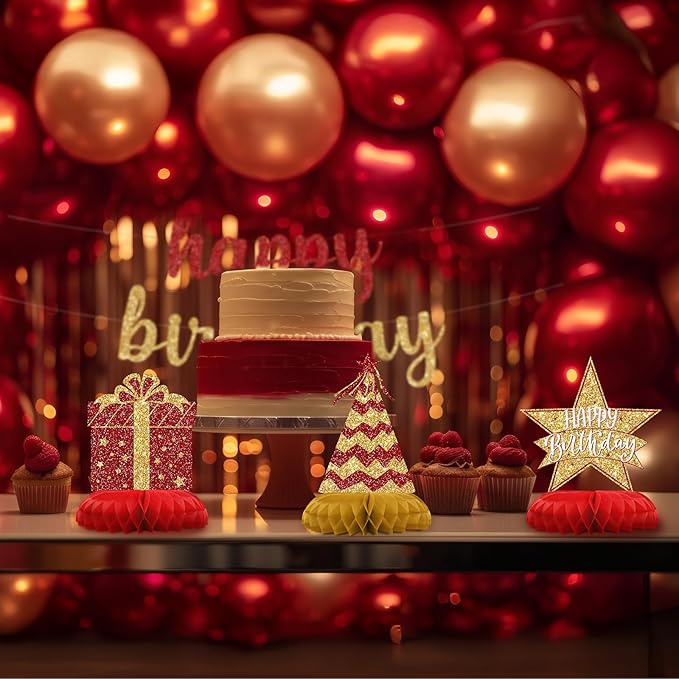 Red and Gold Birthday Decorations – 12PCS Honeycomb Table Centerpieces for Men Women Adults – Happy Birthday Table Decor Party Supplies