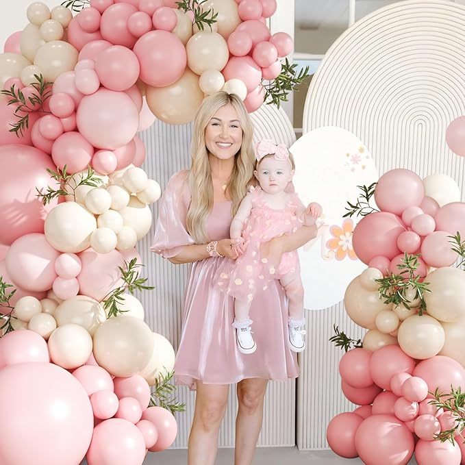Pink Balloon Arch Kit 124Pcs Pink and White Balloon Arch Garland Kit Pastel Pink Light Pink Sand White Balloons for Baby Shower Bridal Shower Wedding Anniversary Birthday Party Decorations
