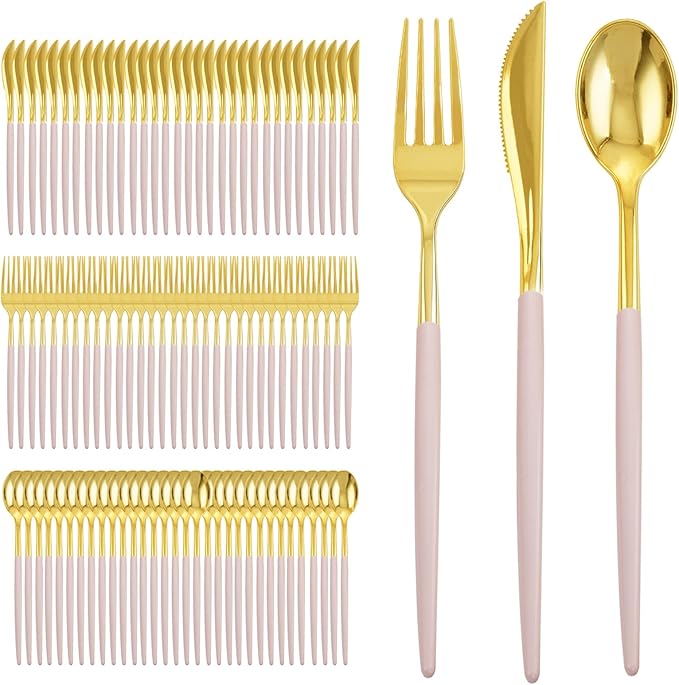I00000 300 Pack Gold Silverware with Pink Handle, Pink Plastic Utensils Set, Disposable Cutlery include100 Forks, 100 Knives, 100 Spoons,Plastic Cutlery Set for Wedding & Party