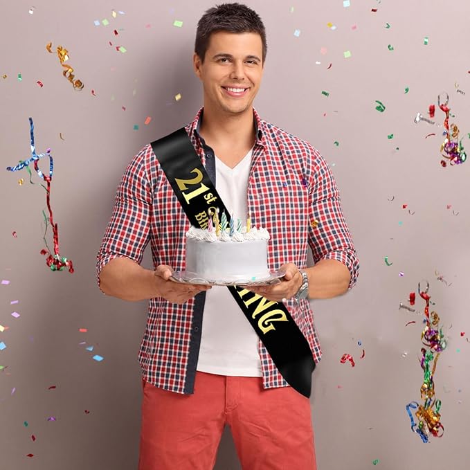 21st King Sash, Funny Black and Gold Foil Birthday Sash, Great for Men's 21st Birthday Parties, Large Size (35.4x3.74 inch)