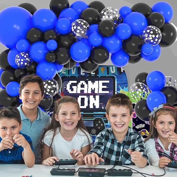 Blue and Black Balloon Garland Arch Kit - Royal Blue Black Balloons Silver Confetti Balloons for Boss theme Baby Shower Birthday Decorations 2025 Graduation Video Game Birthday Decorations