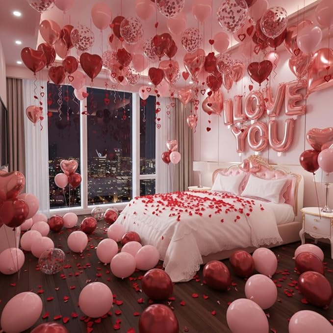 Valentines Day Balloons Garland Arch Kit, Rose Gold Pink Heart I love You Balloons Rose Petals for Galentine's Day Birthday Wedding Anniversary Engagement Valentines Party Decor Special Night