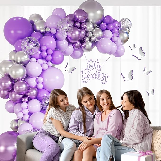147pcs Purple and Silver Balloon Arch Kit, 18 12 10 5inch Light Purple Metallic Silver Balloons for Butterfly Birthday Lavender Wedding Baby Shower Party Decoration