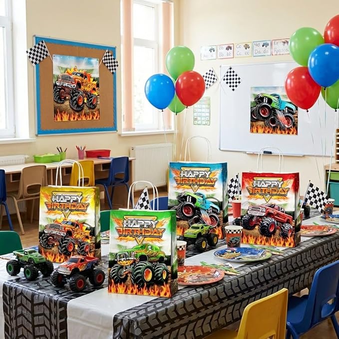24 Pcs Monster-Truck Party Favor Bags with Handles - Racing Truck Goodie Bags Gift Bags. Checkered Theme Candy Bags for Kids, Kraft Paper Bags for Birthday Party Supplies Decorations