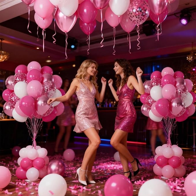 Hot Pink White Balloons Set, Include 50pcs 12inch Pastel Light Pink Confetti White Latex Balloons and Metallic Pink Balloon with Ribbons for Birthday Wedding Princess Party Decorations
