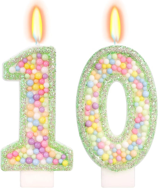 Green Birthday Candles - Number 10 Candle, Colorful Macaron Candles, 10 Birthday Decorations for Boys Girls, Green Cake Decorations, Theme Party Supplies