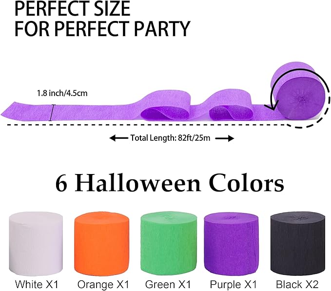 Crepe Paper Streamers 6 Rolls 492ft, Pack of Rainbow Theme Party Streamers for Halloween Decorations, Birthday Decorations(1.8 Inch x 82 Ft/Roll)