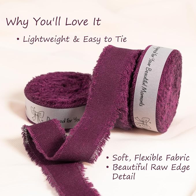 Grape Wine Cotton Ribbon 5/8 Inch Grape Wine 3 Rolls 21 Yards Frayed Edge Fabric Set for Wedding Decor, Anniversary Celebration, Bridal Bouquet Wrap, Gift Wrapping & Fall Wedding