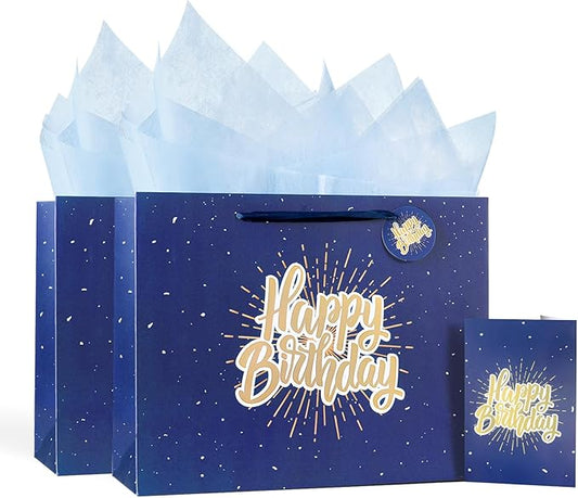 Powbrace 13" Blue Happy Birthday Gift Bag with Tissue Paper and Greeting Card for Party,Happy Birthday Gift Bag for Men Women, Gift Bags Medium size(2 PCS Blue)