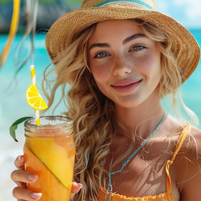 JANYUN 60 Pieces Lemon Paper Straws, 3 Styles of Lemon Decor Paper Drinking Straws for Party Decorations