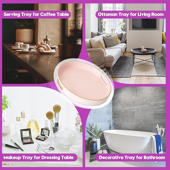 Gifturbo Matte Pink Decorative Serving Tray,Round Serving Trays with Handles, Coffee Table Tray Ottoman Round Plastic Trays for Living Room, Bathroom