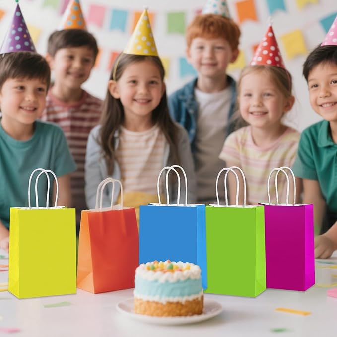 Sanyuanzhou 36 Pack Gift bags with handles，8.2"×3.1"×5.9" paper bags with handles bulk，For children's birthdays, baby showers, crafts, weddings, party supplies (6 colors)