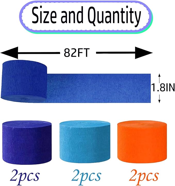 Orange Blue and Royal Blue Crepe Paper 6 Pcs Streamers for Party Decorations, Birthday Wedding DIY Crafts, Gift Wrapping Supplies