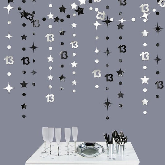 Silver Black 13th Birthday Decorations Number 13 Circle Dot Twinkle Star Garland Hanging Streamer Bunting Banner Backdrop Girls Boys 13 Years Old Birthday Thirteen Official Teenager Party Supplies