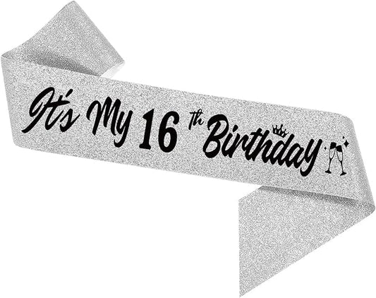 It's My16th Birthday Sliver Sash - Sparkling Sweet Sixteen Birthday Satin Sash for Girl - 16 Years Old Party Decorations