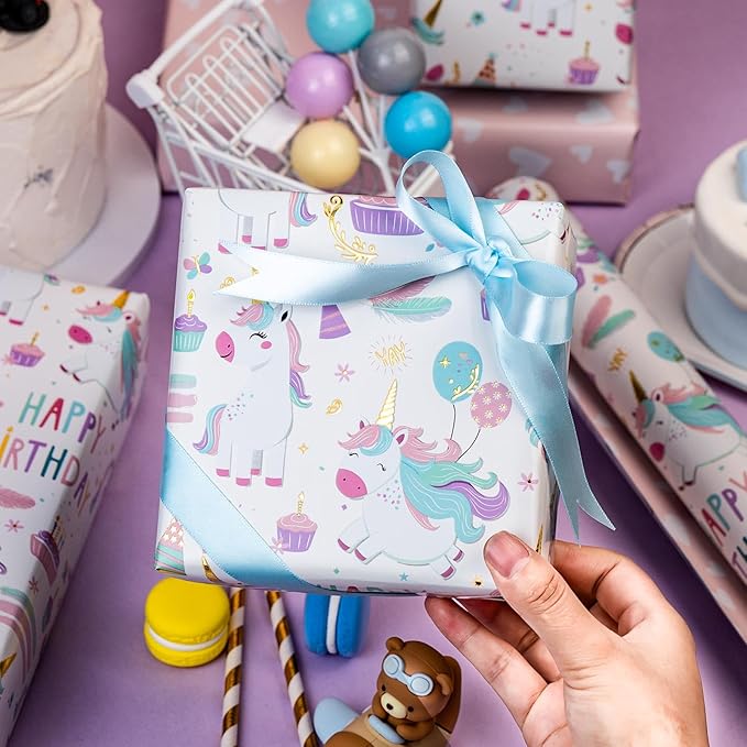MAYPLUSS Unicorn Wrapping Paper for Girl, 17 Inch x 16.5 Feet Birthday Gift Wrap Featuring Gold Corn Reversible Heart for Princess Kids Baby Shower