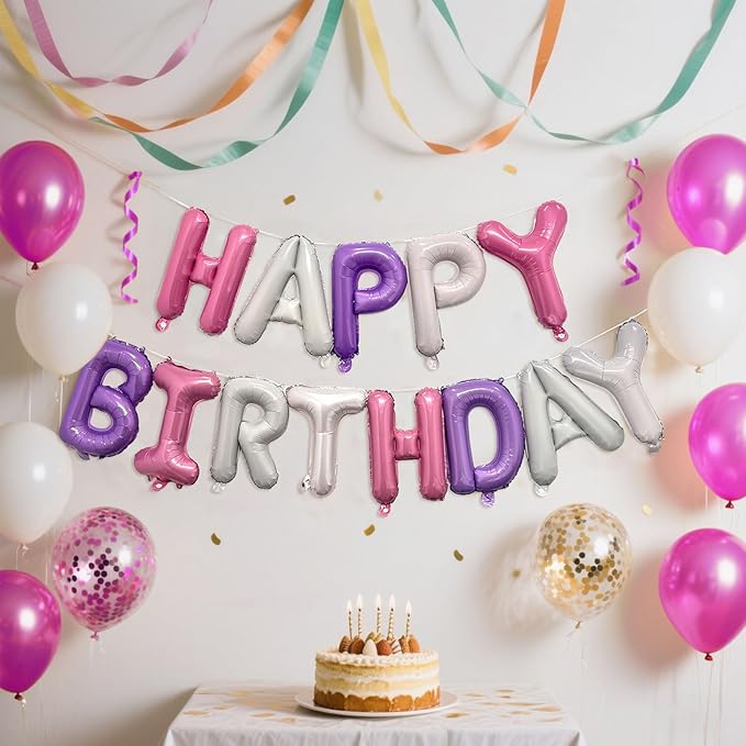 Pink Purple Happy Birthday Balloon Banner Set -16 Inch Foil Letters Balloons, Reusable Birthday Decorations and Party Supplies, Suitable for Men and Women's Birthday Decorations，Party Backdrop