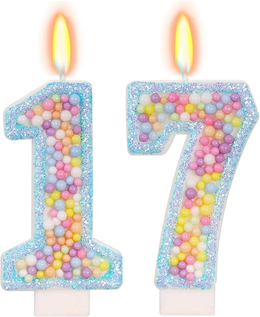 Blue Birthday Candles - Number 17 Candle, Colorful Macaron Candles, 17 Birthday Decorations for Girls Boys, Cake Decorations, Theme Party Supplies (Blue)