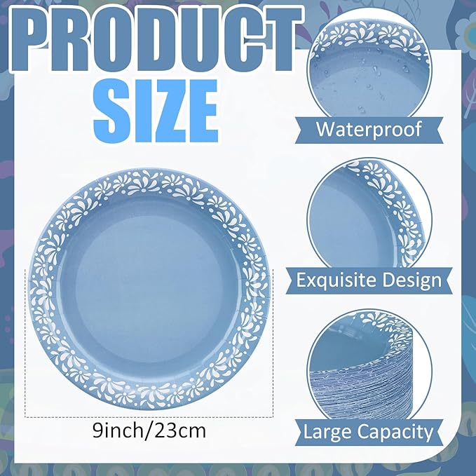 Yungyan 100 Pcs 9 Inch Blue Cielito Lindo Party Decoration Cielito Lindo Paper Plates Platos De Barro Mexican Plates for Baby Shower Talavera Wedding